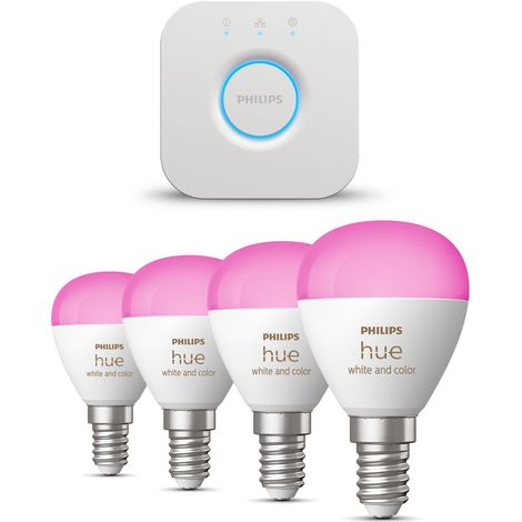 Philips Hue Kit de démarrage E14 avec 4 Ampoules Sphérique Lumière blanche et colorée - Comprend 1 Bridge - White et Color Ambiance (1/5)