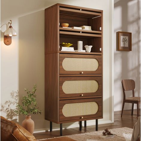 Sideboard 80x40x163 cm Nussbaum Holz mit Rattan, 5 Klappen und Metallbeinen (1/5)