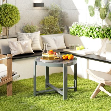 Table ronde en aluminium aspect marbre gris, résistante aux intempéries, table d'appoint pour jardin, balcon, camping, salon, bureau, intérieur et extérieur