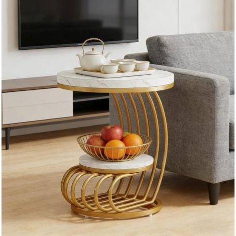 Runder Couchtisch mit 2 Ebenen, 50 x 50 x 63 cm, weißer Kunstmarmor und goldenes Metall OKMYHOME (1/5)