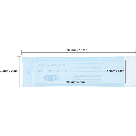 200 sachets à stérilisation dentaire autocollants, pochette PVC film transparent bleu, 70 x 260 mm (1/5)