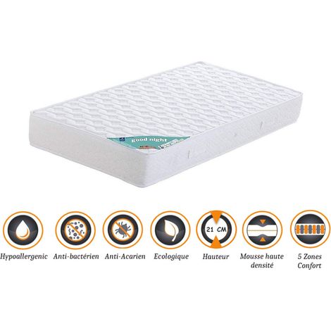 Matelas 90x200 x 21 cm + Alèse + Oreiller Visco - Ferme - Aertech+ 35 Kg/m3 HR Haute Densité- 5 Zones de Confort (1/4)