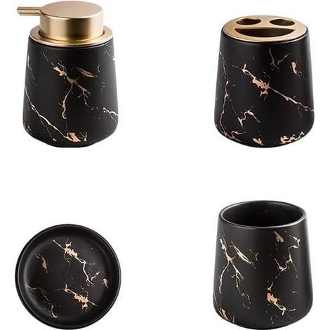 Accessoires salle de bain en céramique – lot 4 pièces céramique effet marbre – distributeur savon, porte-brosse, gobelet, boîte à savon – nettoyage facile – Noir (1/5)