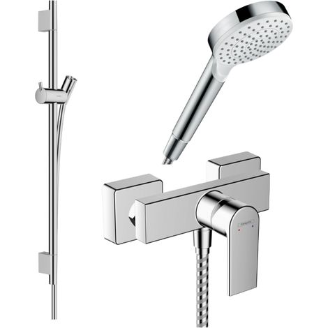 HANSGROHE Pack mezclador mecánico de ducha Vernis Shape + barra Unica S Puro + flexible + rociador Crometta blanco/cromo