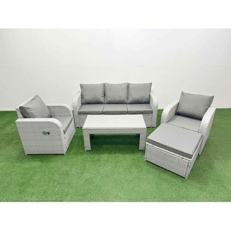 Fimous PE Rattan Garden Furniture Set Reclining Chair Sofa Lounge Sofa Set Rectangular Coffee Table Big Footstool Light Grey (1/4)