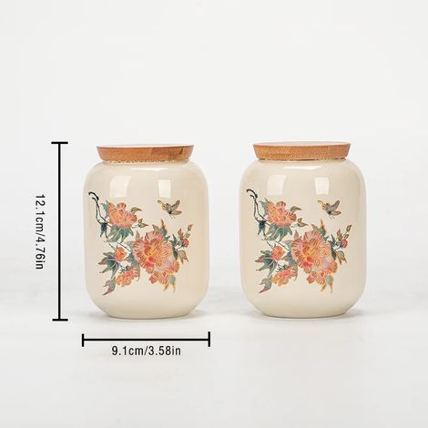 (Ensemble de deux pièces) Bocaux de rangement créatifs en céramique avec couvercles en bambou et en bois, résistants à l'humidité et hermétiques, adaptés au stockage des noix et des grains de café. (1/5)