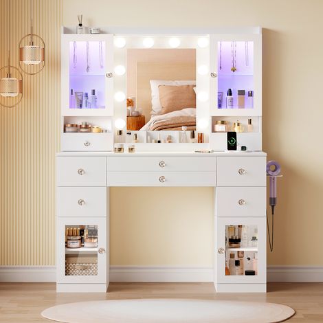 Toeletta da camera da letto con lampadine, 108x40x156 cm, tavolo da trucco con specchio, 7 cassetti, 1 armadietto, vani portaoggetti, portagioie, bianco (1/5)