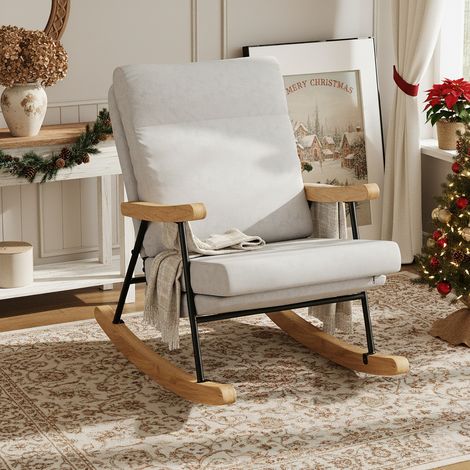 Sedia a dondolo - Sedia a dondolo per l'allattamento con piedi in legno e struttura nera - Tessuto lino, Grigio (1/5)