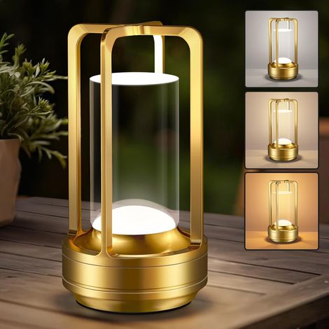 Portable table lamp for indoor and outdoor use: Rechargeable cordless desk lamp with 3 colors, stepless dimming - Small battery-powered metal lantern lamp, gold (1/5)