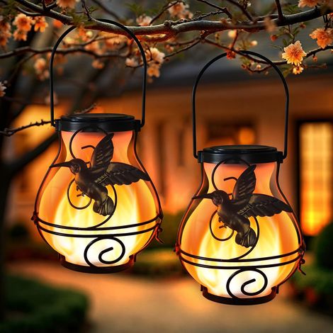 Waterproof outdoor solar lanterns, flashing flame lights, hummingbird metal hanging solar lantern for patio, porch, and garden decoration, 2 pieces (1/5)