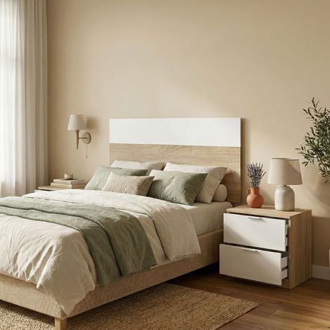 Dmora Mesilla de noche Honolulu, Mesita de noche de dos cajones con cabecero para cama individual de 90, cm 150x50x38, cm 50x38h75, Roble y Blanco, con embalaje reforzado (1/5)