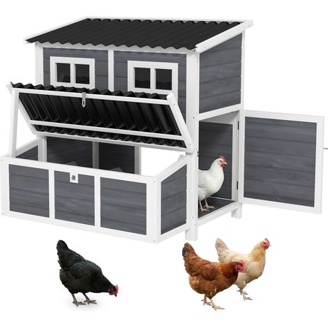Poulailler en bois XL avec nichoir 3 compartiments tiroir amovible toit imperméable porte-rampe 100x86x100cm gris