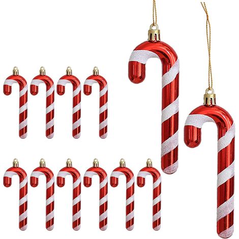 12er Set Weihnachts-Zuckerstangen-Baumschmuck zum Aufhängen, Weihnachts-Zuckerstangen aus Kunststoff, Christbaumschmuck (Rot-Weiß)