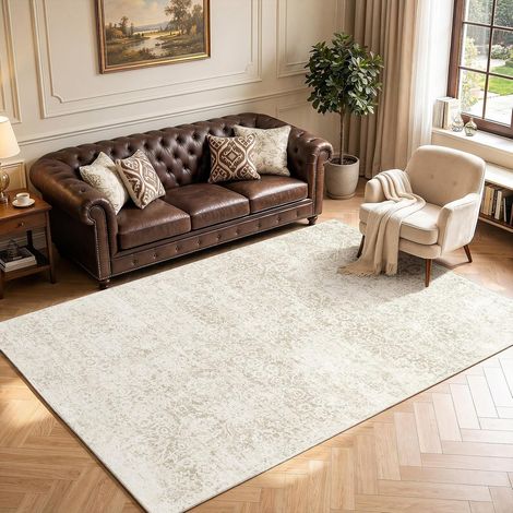 Tapis Salon 140x200cm Lavable en Machine et Antidérapant, Tapis Chambre Adulte, Tapis Vintage Beige, Poil Ras Ultra Doux, pour Cuisine Couloir Salle à Manger Entrée (1/5)