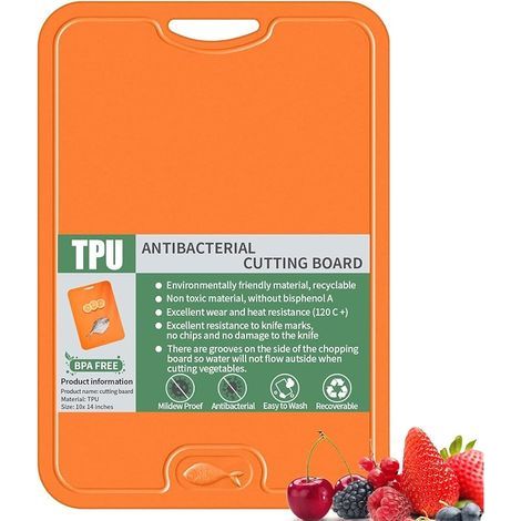 36.5250.3cm Planche Découper Flexible TPU avec Rainures Jus, Assiette Cuisine Antidérapante, Passe Lave Vaisselle, Planche Découper Rayures Résistant, Couper Assiette Poignée Saisir Facile(Orange) (1/5)