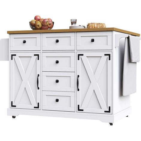 Isla de cocina blanca multifuncional con mesa abatible, MDF y metal, 147 x 44 x 93 cm (1/5)