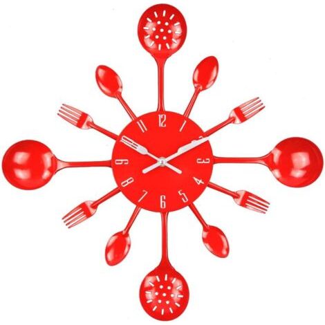Horloge murale, 16\" Métal Cuisine Couverts Ustensiles Cuillère Fourchette Horloge Murale Créative Moderne Décoration Intérieure Style Antique Horloge Murale (Rouge) (1/4)