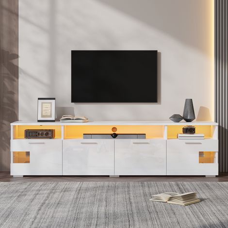Mobile TV - 180 x 35 x 45 cm - luci led rgb controllabili tramite app, ante in acrilico, ripiani in vetro temperato, scomparti aperti - stile moderno - MDF, pannello truciolare - bianco (1/5)