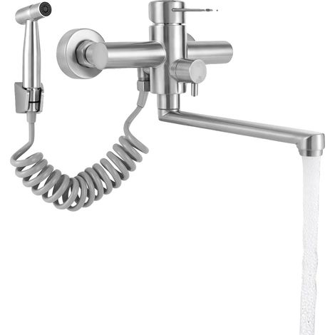 Wandmontierte Küchenarmatur, Mischbatterie für heißes und kaltes Wasser, Sprühfunktion, Silber (1/2)