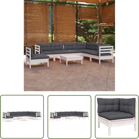 The Living Store Salon de jardin 8 pcs avec coussins blanc bois de pin massif - Salon De Jardin - Mobilier De Jardin - Ensemble Salon De Patio - Meubles De Terrasse - Chaise Longue (1/5)