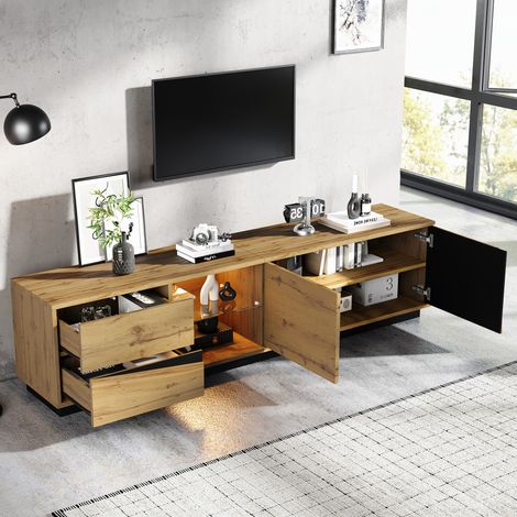 TV-Lowboard 180×35×45 cm aus MDF in Natur und Schwarz mit LED und Stauraum – MEUBLIV (1/5)