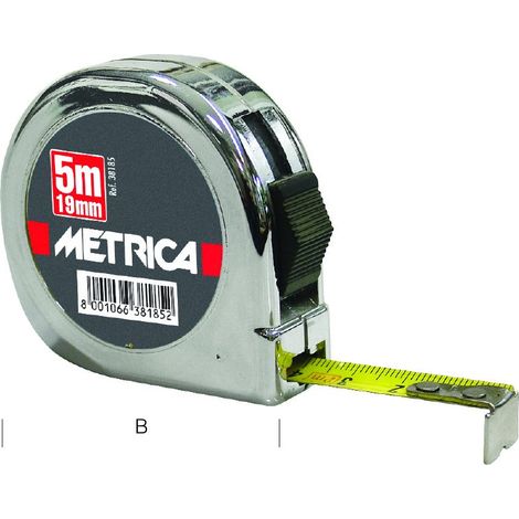 Mètre Ruban de Poche Chrome METRICA - Boitier Metal - Ruban Acier Nylon 3m x 16mm - Stop & Clip Ceinture - Bricolage (1/2)