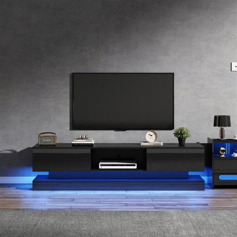 Meuble TV - Noir - 160x35x40.5 cm - 2 tiroirs - Éclairage LED - Contrôle d'application