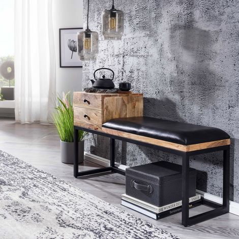Banc avec 2 tiroirs 100x40x65 en bois et cuir noir - YORAM (1/5)
