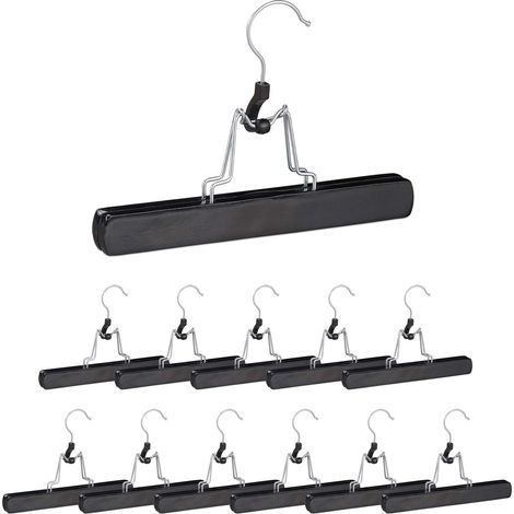 Cintre Pince Bois, Lot de 12, Jupe Pantalon, Crochet 360°, Feutre HxlxP: 17 x 25 x 2,3 cm, Noir, métal (1/5)
