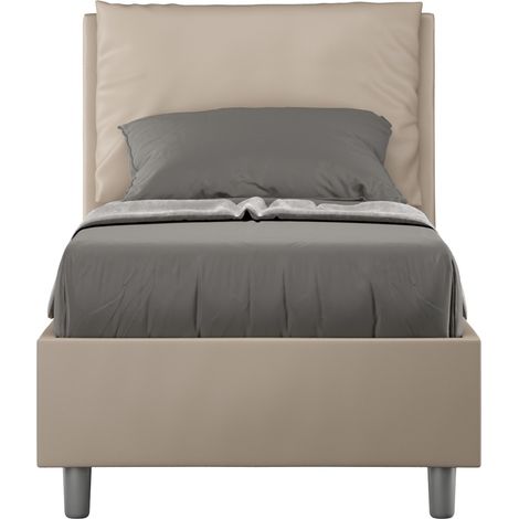 Lit moderne 80x190 cm avec tête de lit coussin simili cuir beige Anja-Option Avec sommier et coffre (1/5)
