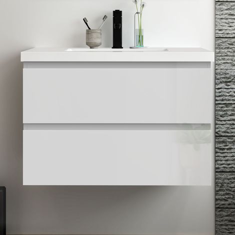 Acezanble Meuble salle de bain 80cm blanc brillant avec 2 tiroirs à fermeture automatique et simple lavabo