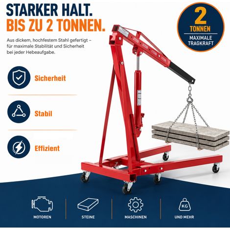 Chariot de levage hydraulique pliable 2 tonnes avec bras télescopique 4 positions, hauteur réglable 30-230 cm, roues orientables 360°, acier peint rouge (1/5)