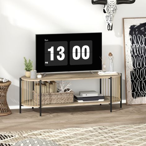 Meuble TV style bohème pour téléviseurs jusqu'à 55 pouces, orné d'un motif de corde en papier et doté de 2 étagères ouvertes. Dimensions : 124 x 43,5 x 41 cm. Couleur : Naturel.