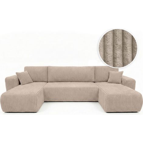 Loungitude – Canapé panoramique convertible 6 places – Velours côtelé épais taupe – Lit d'appoint avec coffre de rangement – Fabrication européenne
