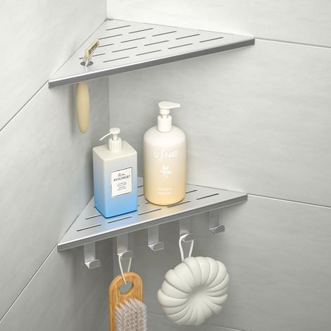 Lot de 2 - Étagère de douche - Accessoire salle de bain - Acier inoxydable 304 sans perçage pour mur carrelé avec crochets pour rasoir et serviette Gris brossé 25,4x25,4cm