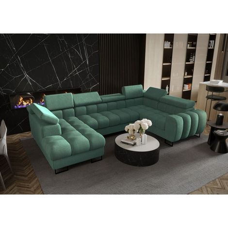 Wohnlandschaft Schlafsofa BASTIEN in Stoff Moly Grün Ottomane Links