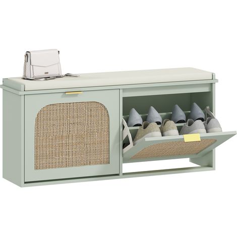 Schuhbank mit Stauraum, bequemer gepolsterter Sitzfläche, ausklappbaren Schubladen aus Rattan, grüne Eingangsmöbel, 104x26x47,5 cm, Designer-Schuhaufbewahrung.