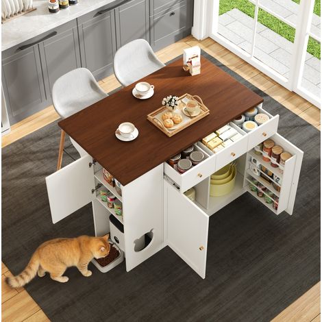 Îlot de cuisine 120/70/90 cm blanc et noyer avec plateau extensible, 3 tiroirs et espace pet (1/5)