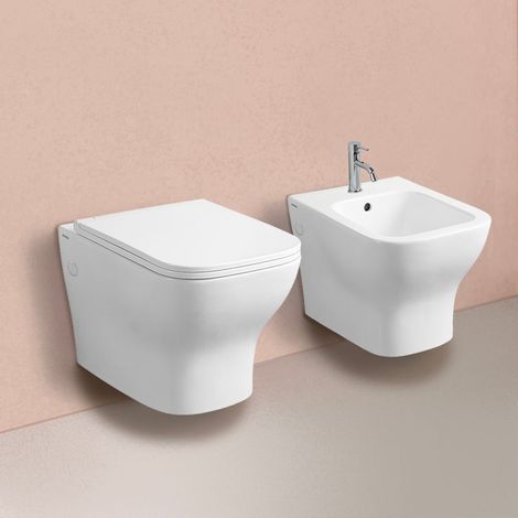 Coppia Di Sanitari Bidet E Wc Sospesi Ceramica Bianco Lucido Swing
