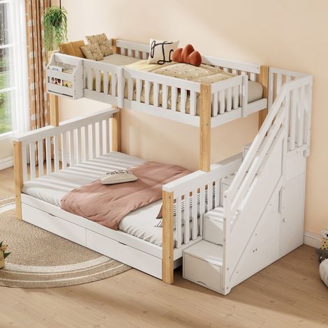 Kinder-Etagenbett 90 × 200 cm und 140 × 200 cm, platzsparendes Doppelbett mit Stauraumtreppe und Schubladen, Weiß und Naturholz (1/5)