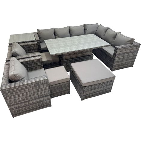 Fimous 11 Seater Rattan Height Adjustable Rising Lifting Table Corner Sofa Sets with 2 Chairs 3 Stool Side Table Dark Grey Mixed (1/5)