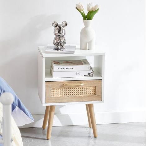 Table de chevet 30x40x55 cm blanc et naturel en MDF avec tiroir en rotin et pieds en bois massif (1/5)