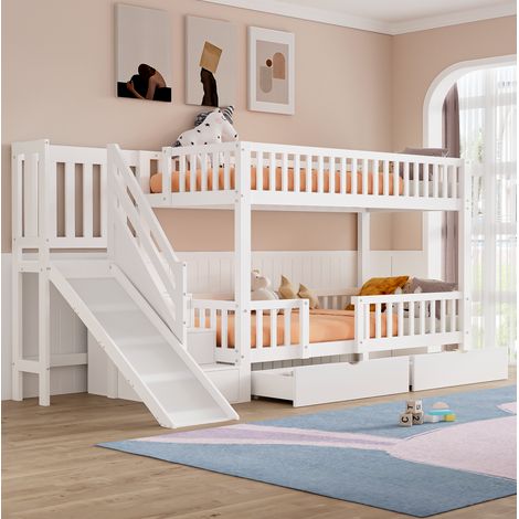 Lit superposé 140 x 200 cm enfant en bois blanc avec toboggan, escalier et 2 tiroirs (1/5)