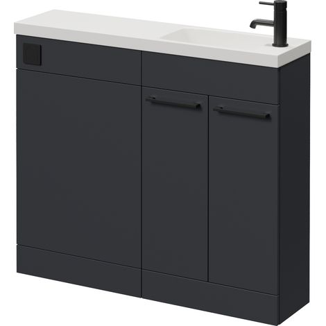 Napoli 250 Gloss Grey 1000mm 2 Door Vanity Unit Toilet Suite with Round Silvo Basin - 1000mm - Matt Black 160mm HandleWithout Jubilee Toilet Pan