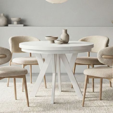 Table de salle à manger ronde extensible PERO avec cerclage métallique, style loft, scandinave, diamètre : 110 / 160 cm, couleur : blanc (1/5)
