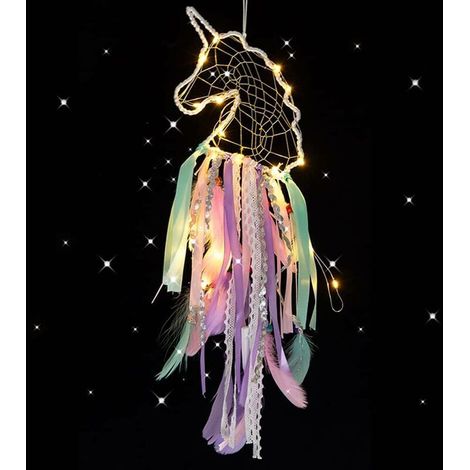 Unicorn LED Dream Catcher, Handmade Dream Catcher with Colorful Feathers and Lights, Girls Gift, Wall Decor, Ornaments, Crafts and Bedroom Accessories - v (1/5)