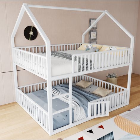 Etagenbett 140x200x201.5 cm, Hausform, mit Frontleiter und Sicherheitsgittern, Metall, Weiß (1/5)