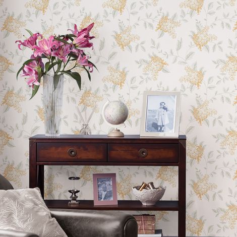 Papier peint intissé Laura Ashley Lilas Portland Apricot 1005 x 52cm Orange ocré, vert doux sur fond écru
