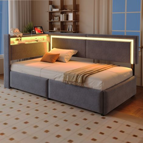 Lit canapé-capitonné LED USB-tête ouvrante rangement-velours gris foncé-218x99x87cm-Sans Matelas (1/5)