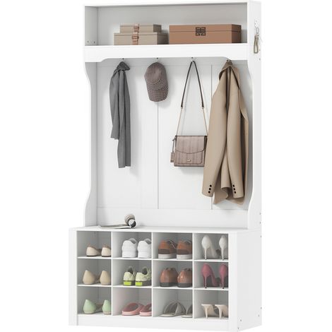 Porte-Manteau 4-en-1 avec Banc, Banc d'Entrée avec 12 Compartiments à Chaussures, 6 Crochets et Étagère Ouverte, Blanc